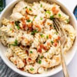 Bowl of chicken bacon ranch pasta with fork