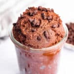 Jar of protein brownie batter made with cottage cheese