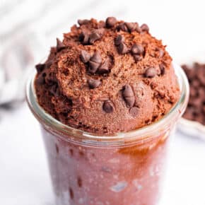 Jar of protein brownie batter made with cottage cheese