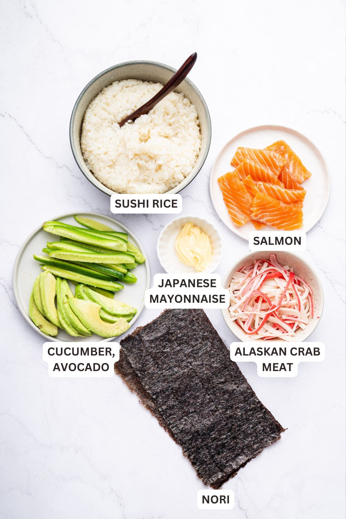 Overhead view of Alaska roll ingredients with labels