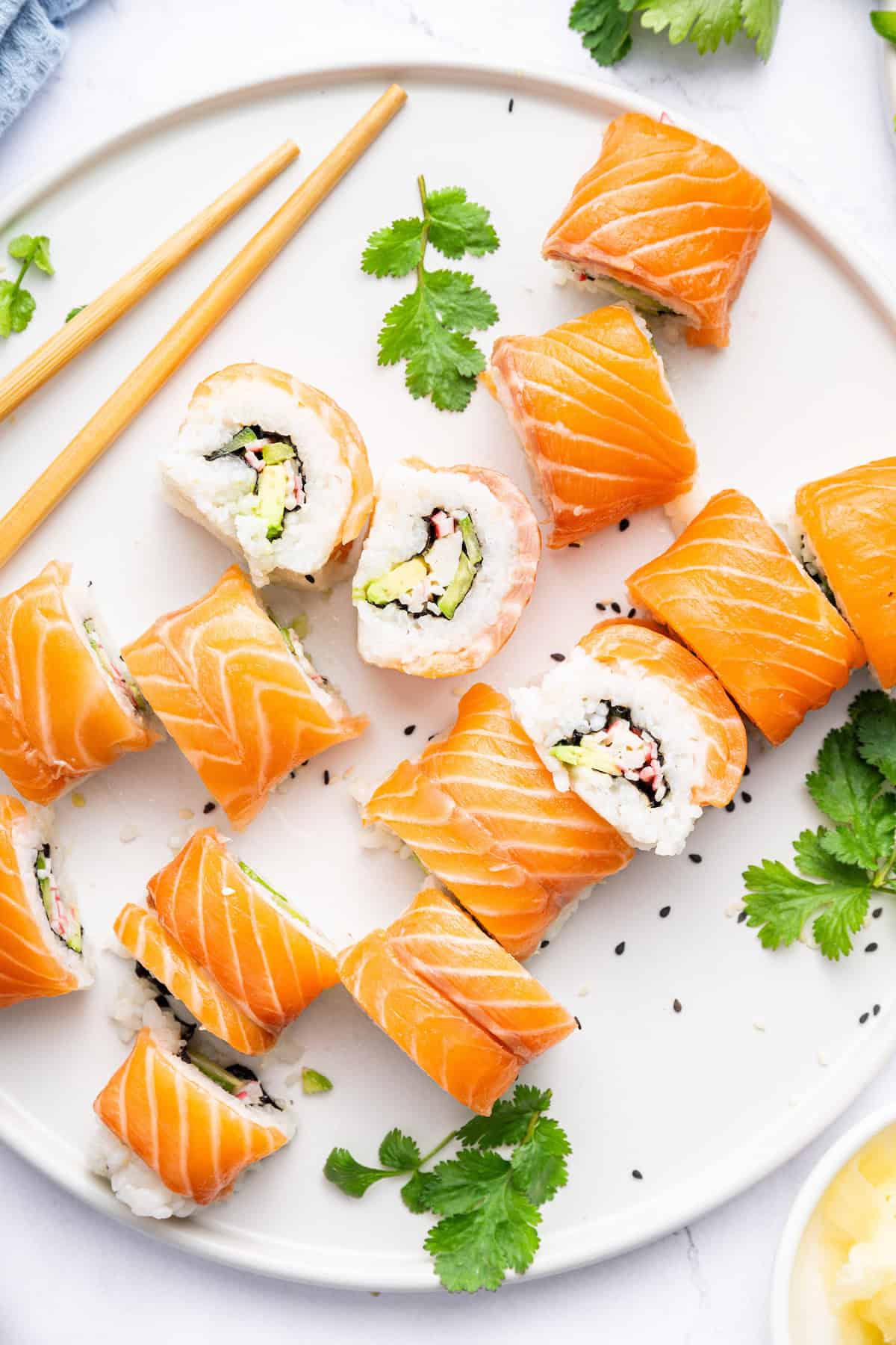 Overhead view of homemade Alaska roll on plate