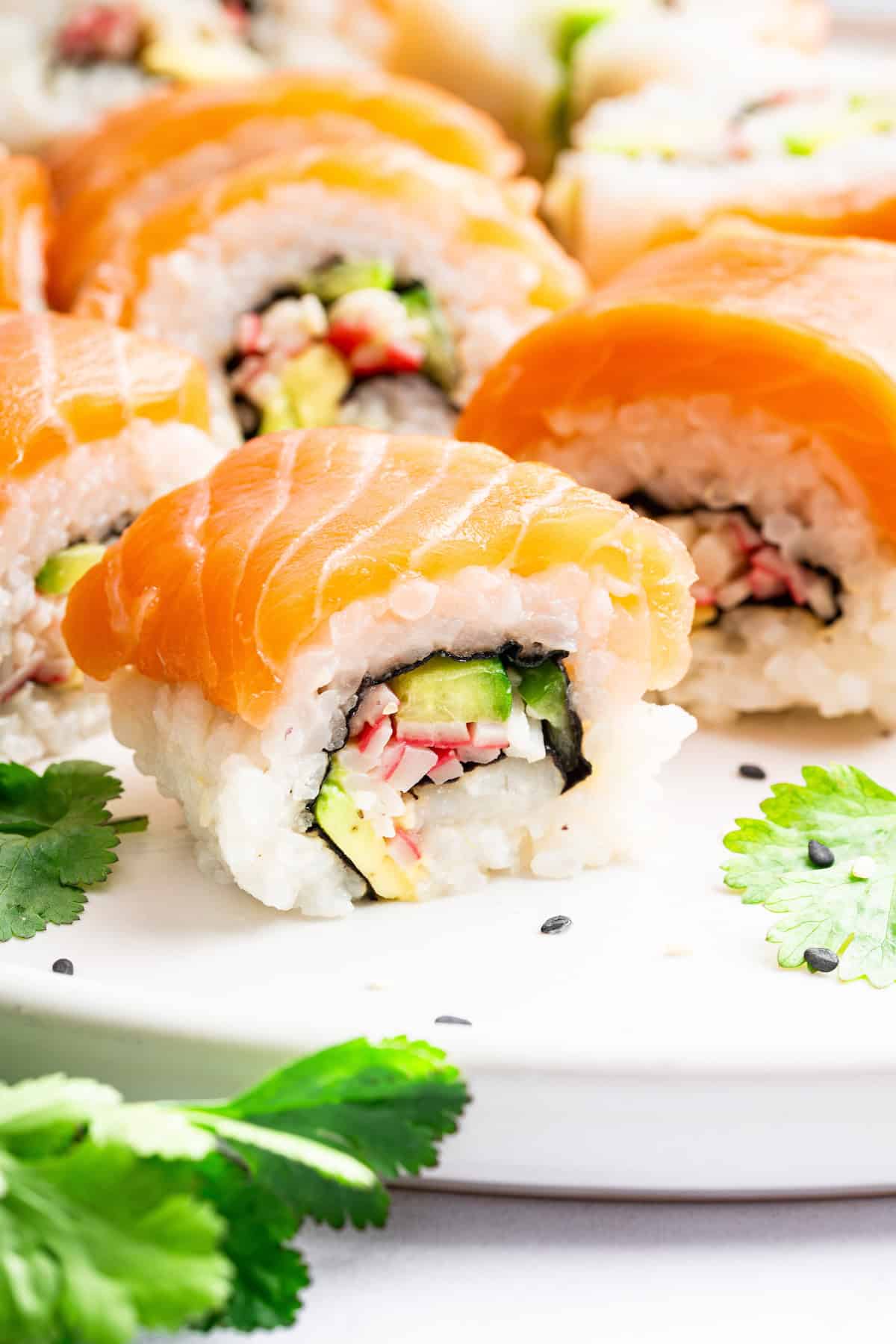 Closeup of homemade Alaska roll on plate