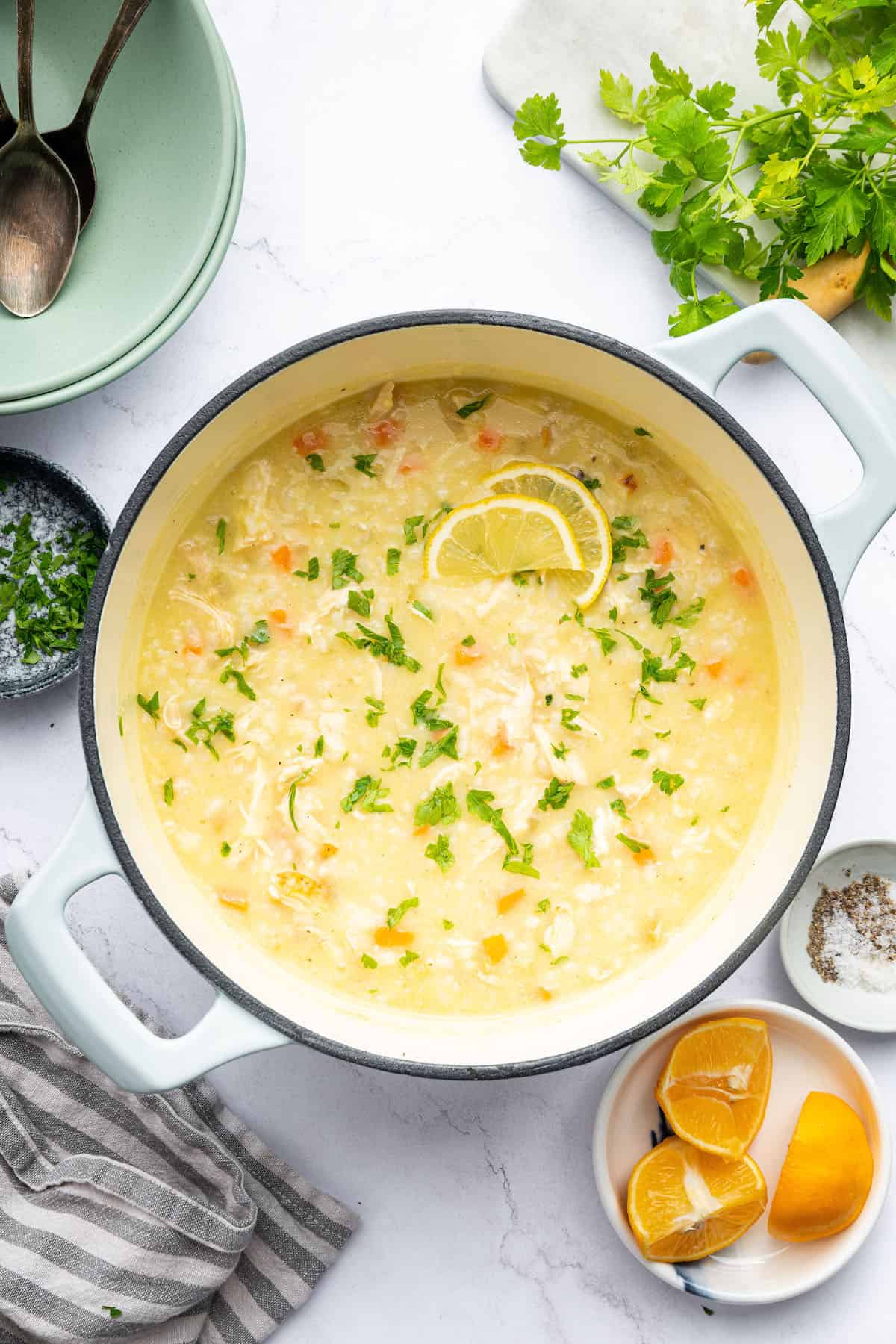 Overhead view of avgolemono soup in pot