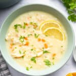 Overhead view of avgolemono soup in bowl