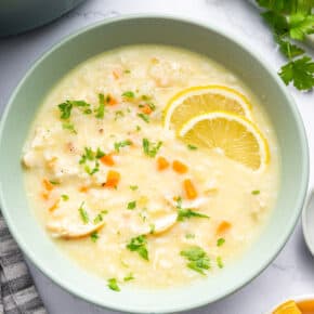 Overhead view of avgolemono soup in bowl