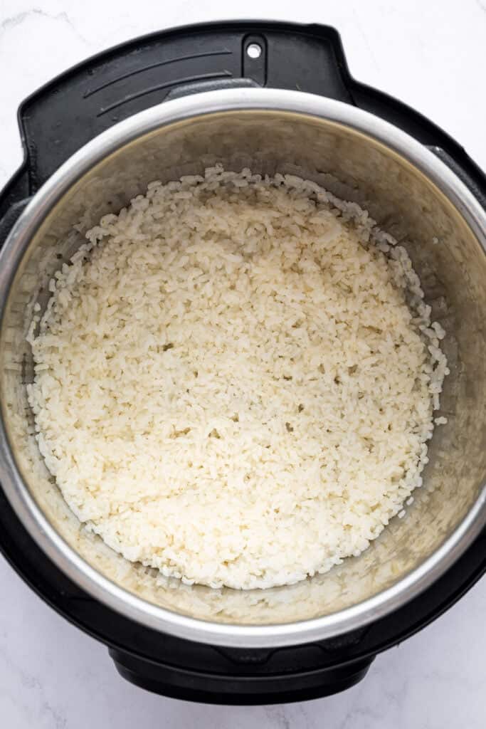 Overhead view of sushi rice in Instant Pot