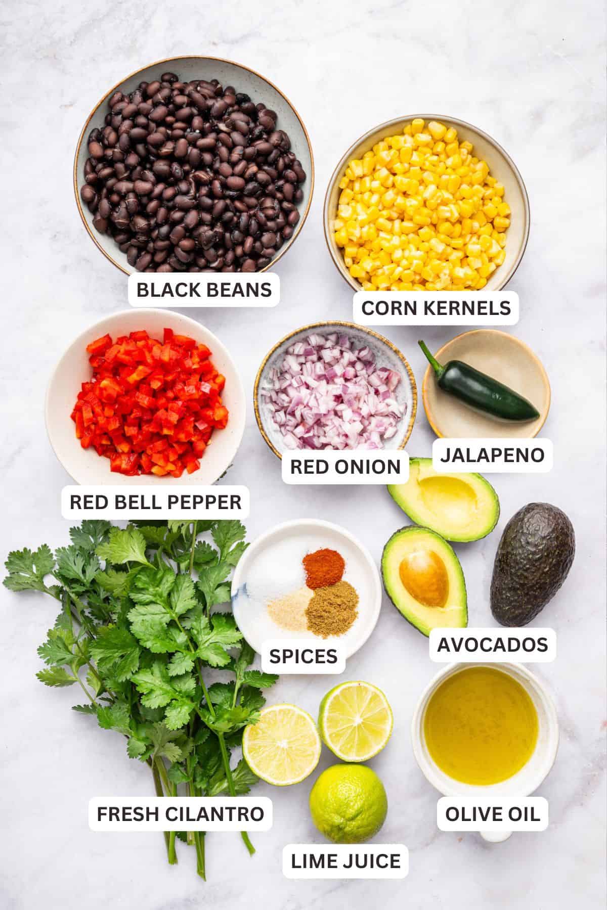 Overhead view of ingredients for black bean and corn salad