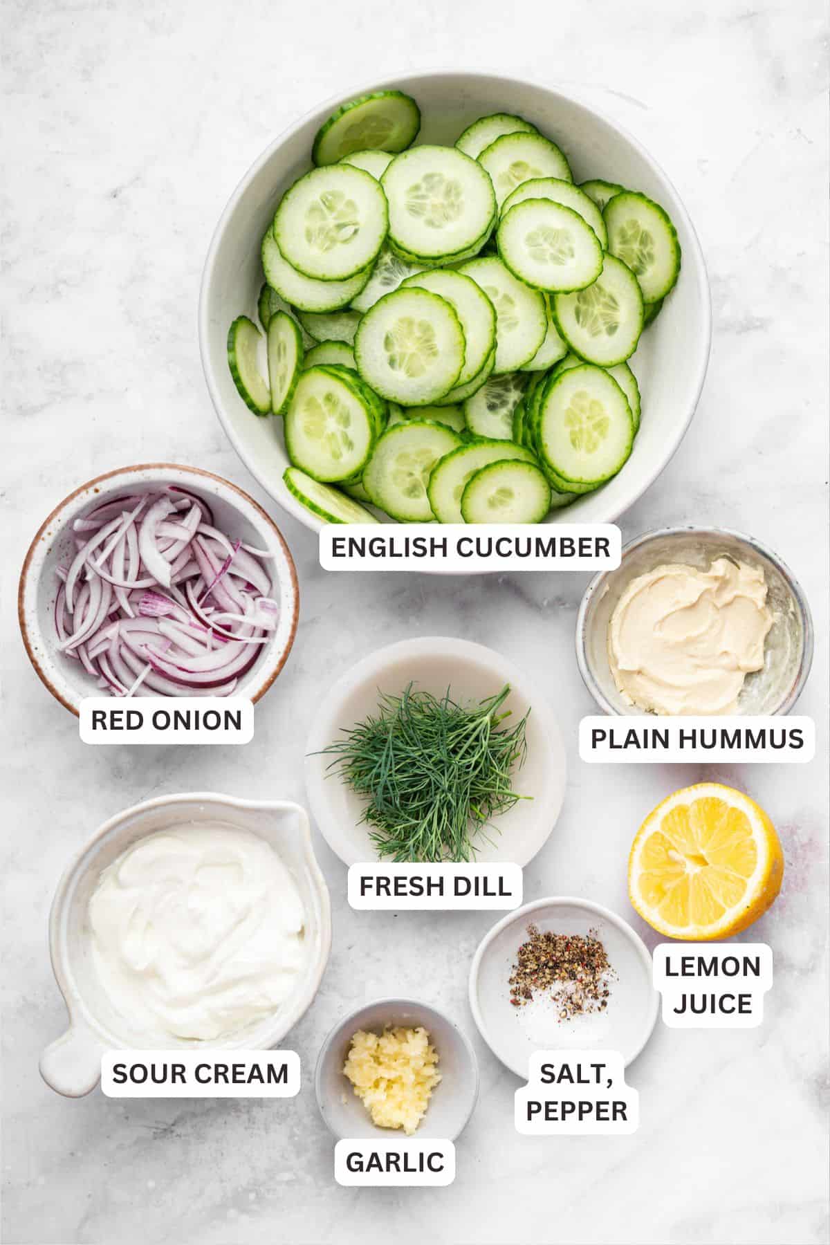 Overhead view of ingredients for creamy cucumber salad recipe