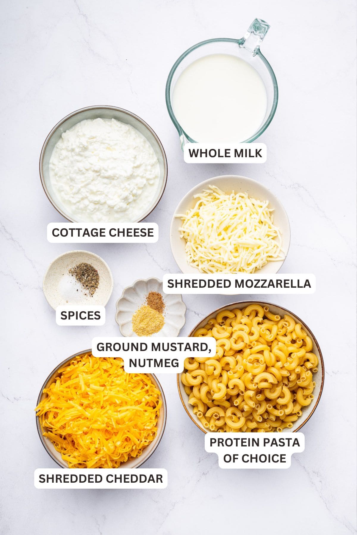 Overhead view of ingredients for protein mac and cheese