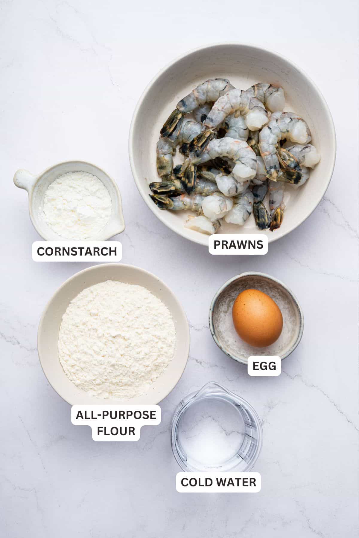 Overhead view of ingredients for shrimp tempura