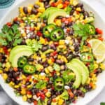 Black bean and corn salad in large serving bowl