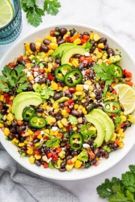 Black bean and corn salad in large serving bowl