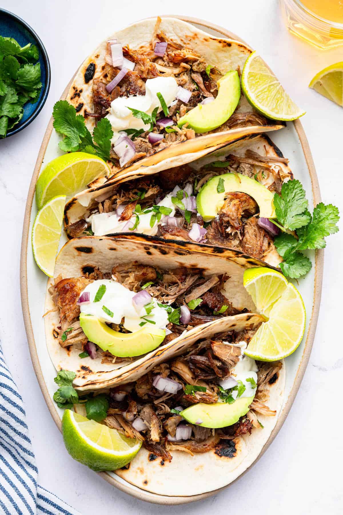 Platter of Instant Pot pork carnitas tacos