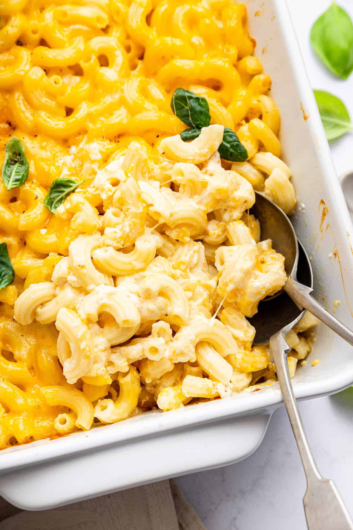 Creamy protein mac and cheese in baking dish