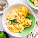 Overhead view of high protein mac and cheese in bowl