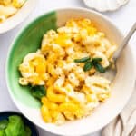 Overhead view of protein mac and cheese in bowl with fork
