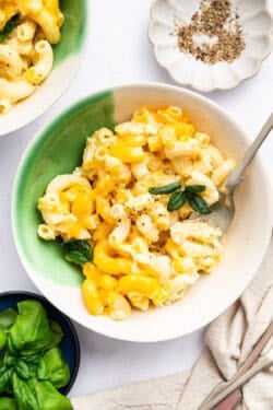Overhead view of protein mac and cheese in bowl with fork