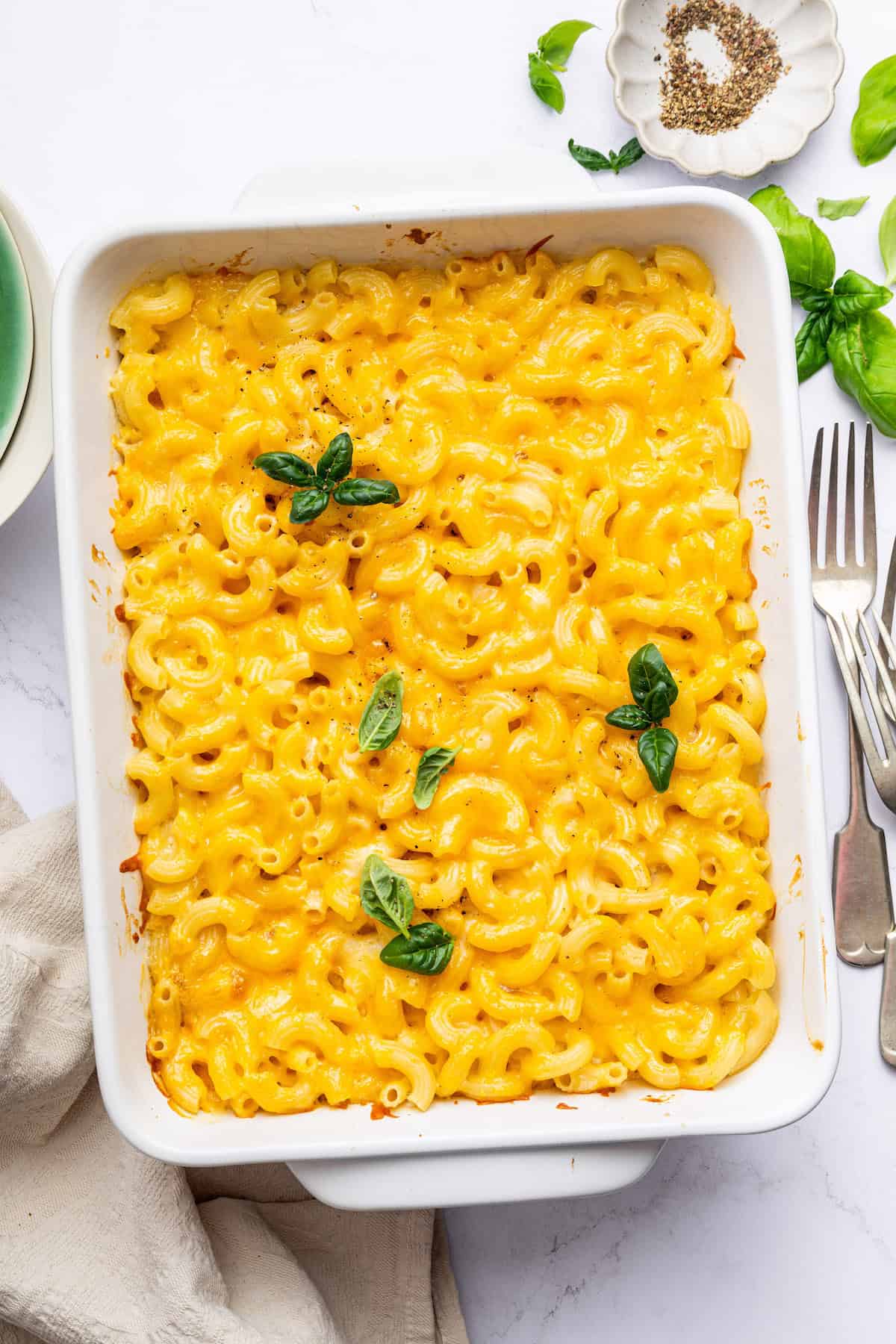 Overhead view of protein mac and cheese in baking dish