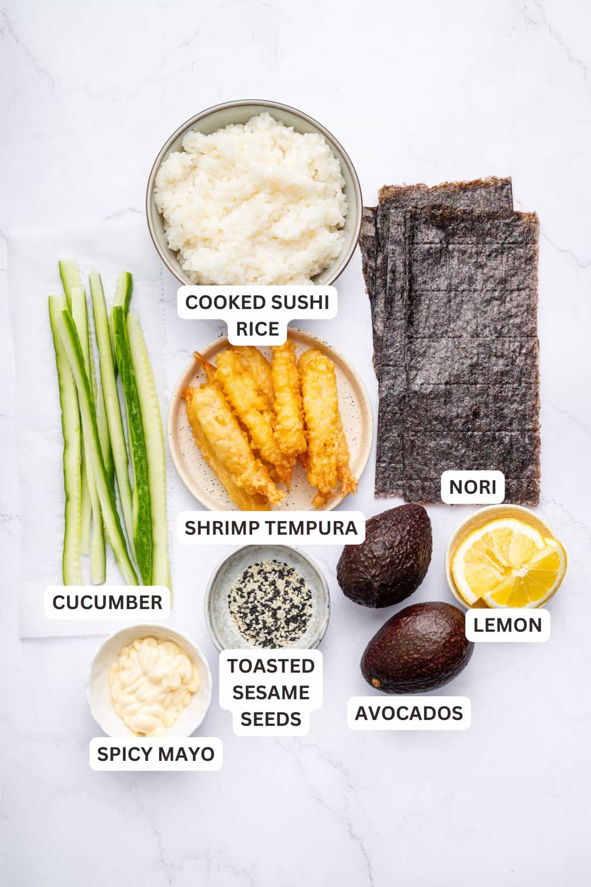 Overhead view of ingredients for dragon roll with labels