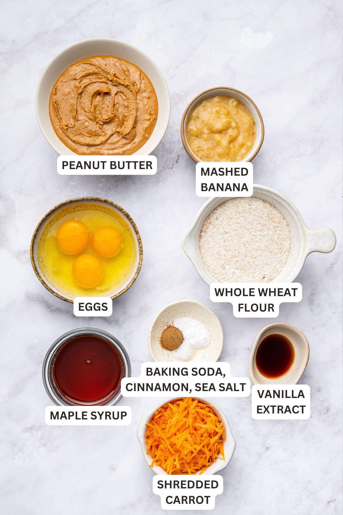 These peanut butter banana muffins are a wholesome way to start your day and I add an unexpected ingredient to make them tender and moist! Overhead view of ingredients for peanut butter banana muffins