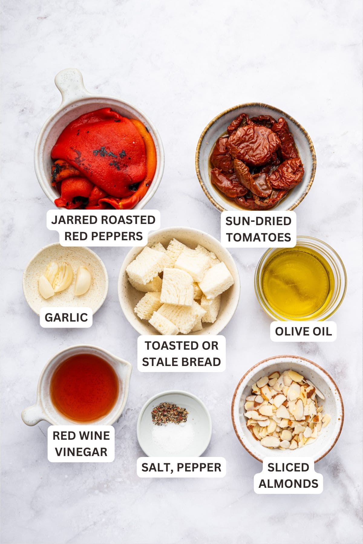 Overhead view of ingredients for romesco sauce