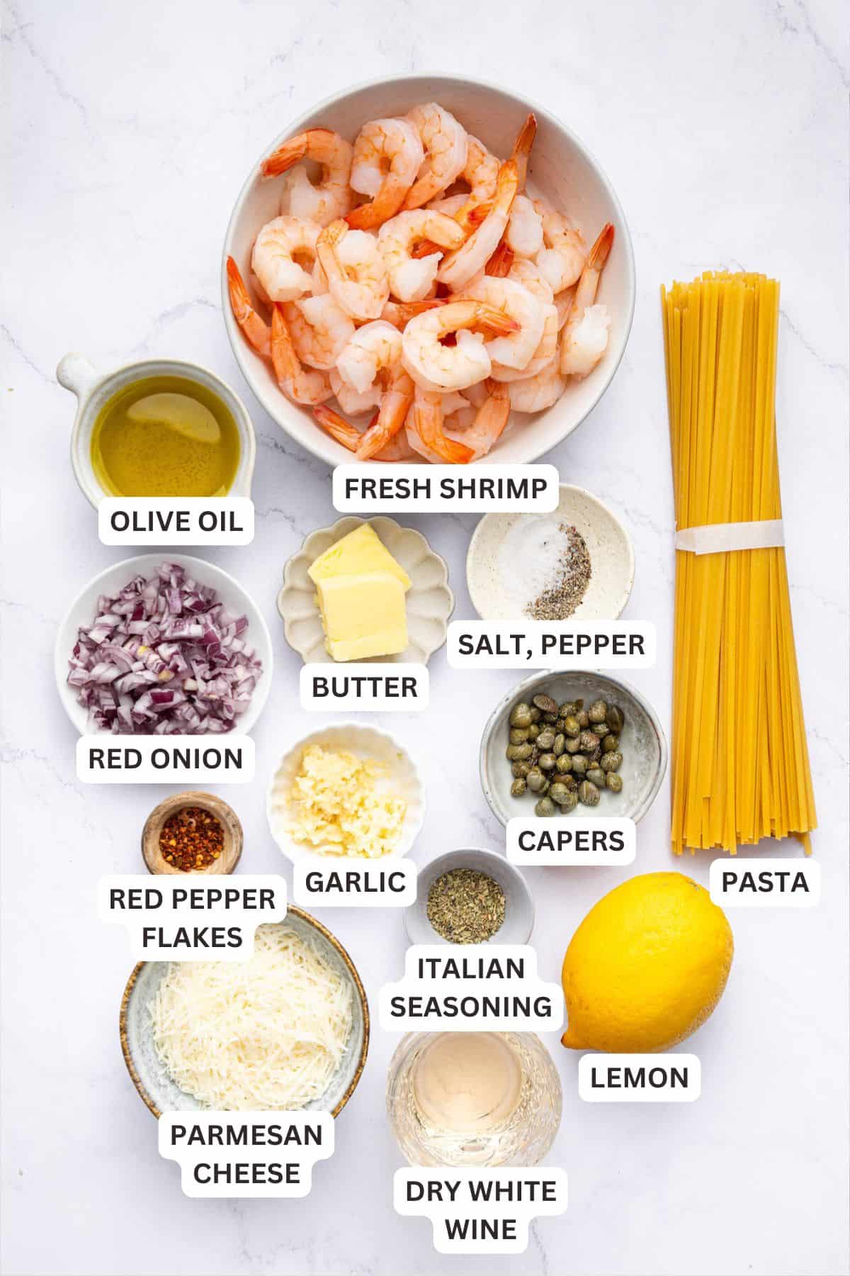 Overhead view of ingredients for easy shrimp scampi recipe