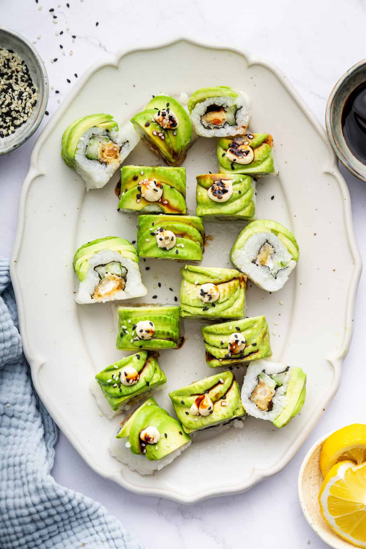 Platter with homemade dragon roll sushi