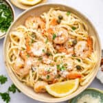 Overhead view of shrimp scampi in bowl