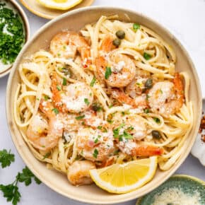 Overhead view of shrimp scampi in bowl