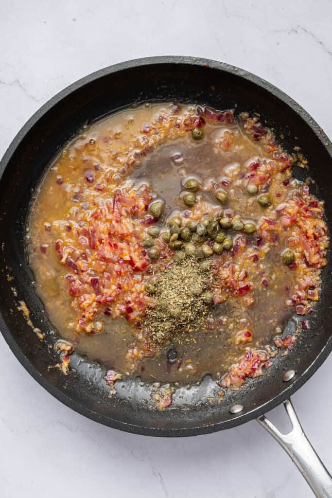 Overhead view of sauce for shrimp scampi