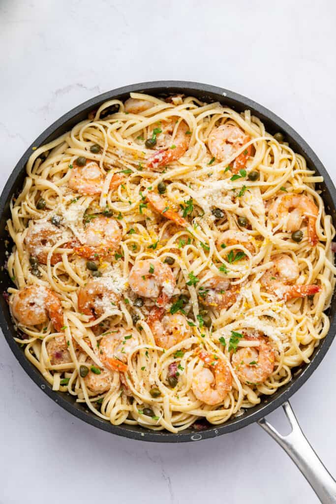 Overhead view of easy shrimp scampi recipe in skillet