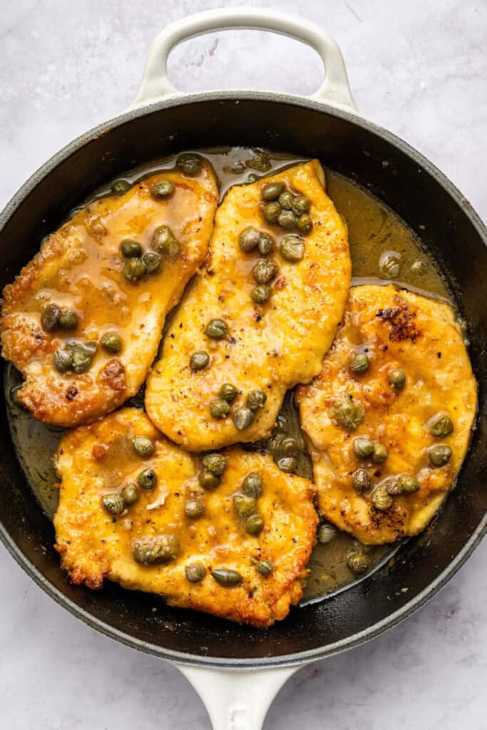 Lemon caper chicken in skillet