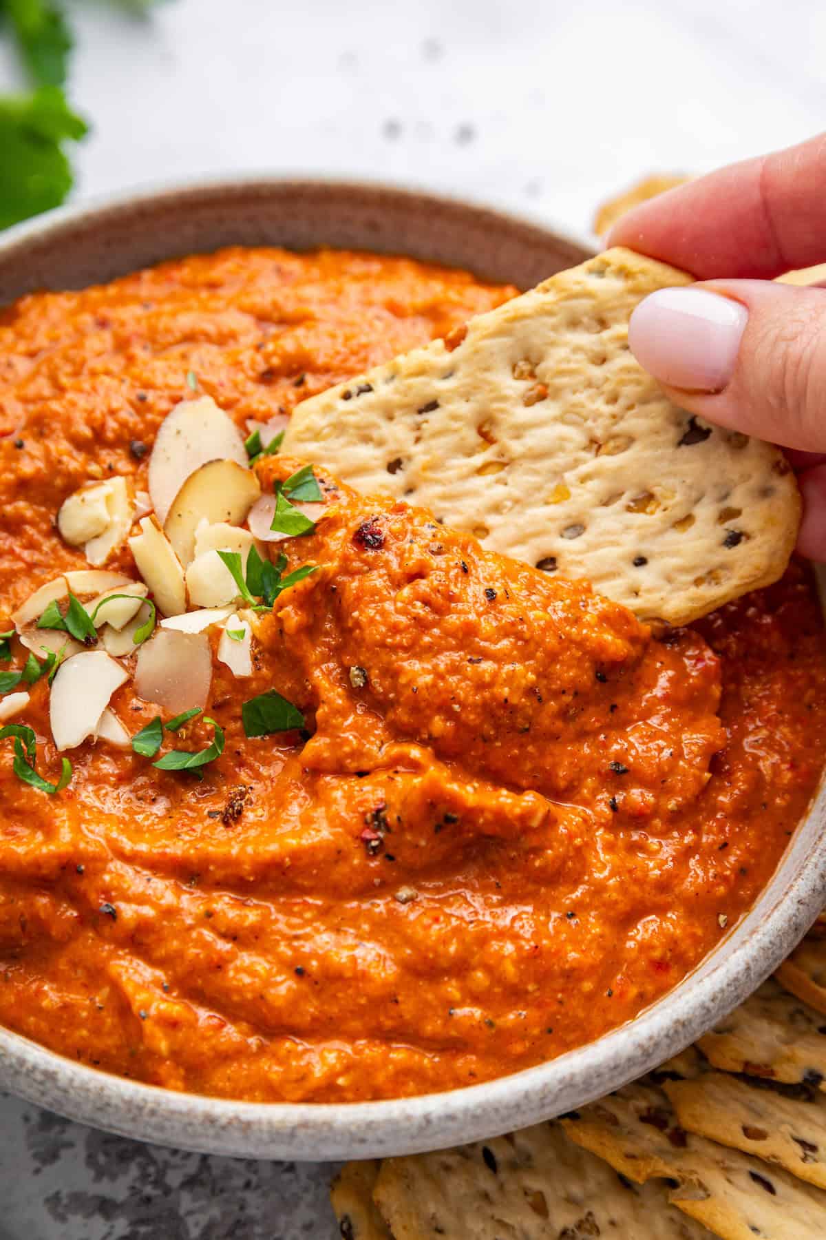 Dipping cracker into bowl of romesco sauce