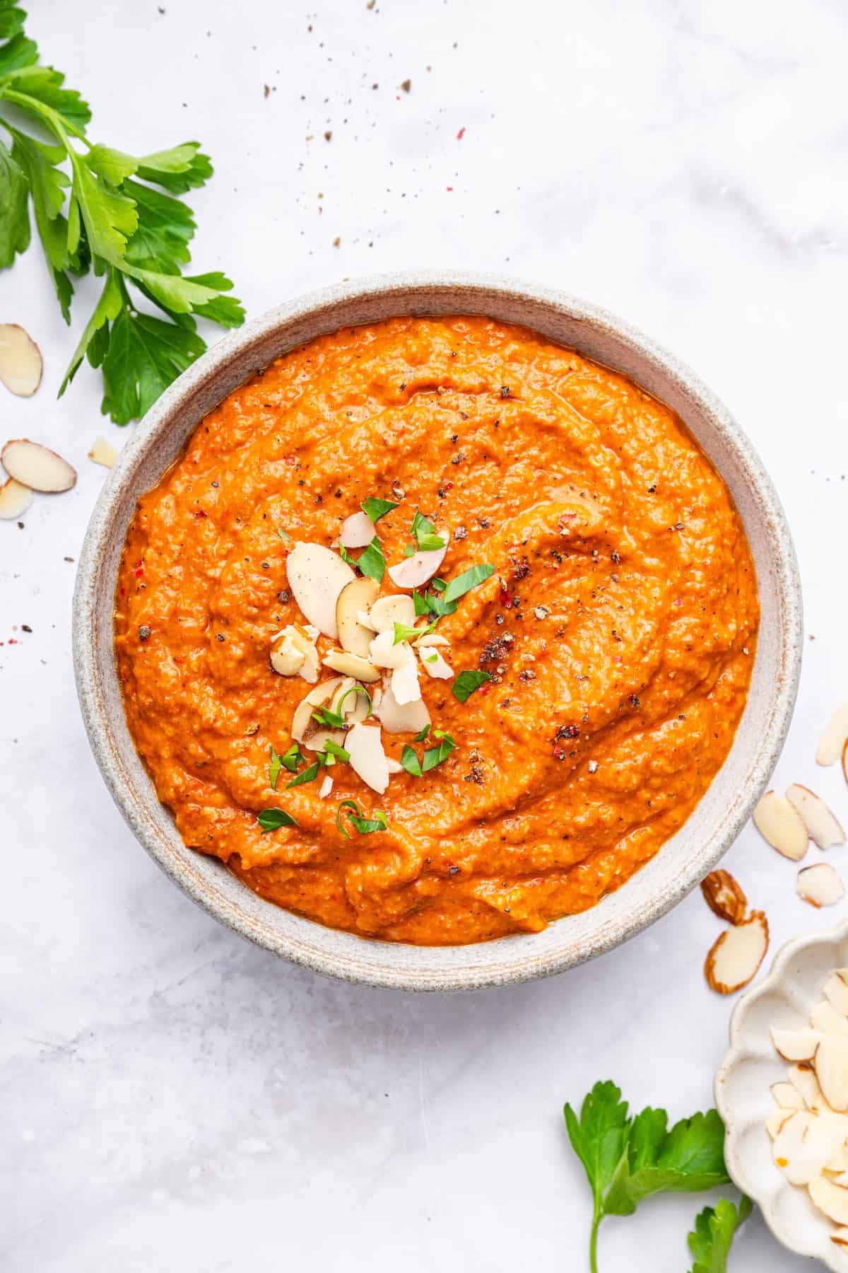 Overhead view of romesco sauce in bowl