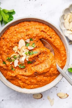 Overhead view of romesco sauce in bowl with spoon