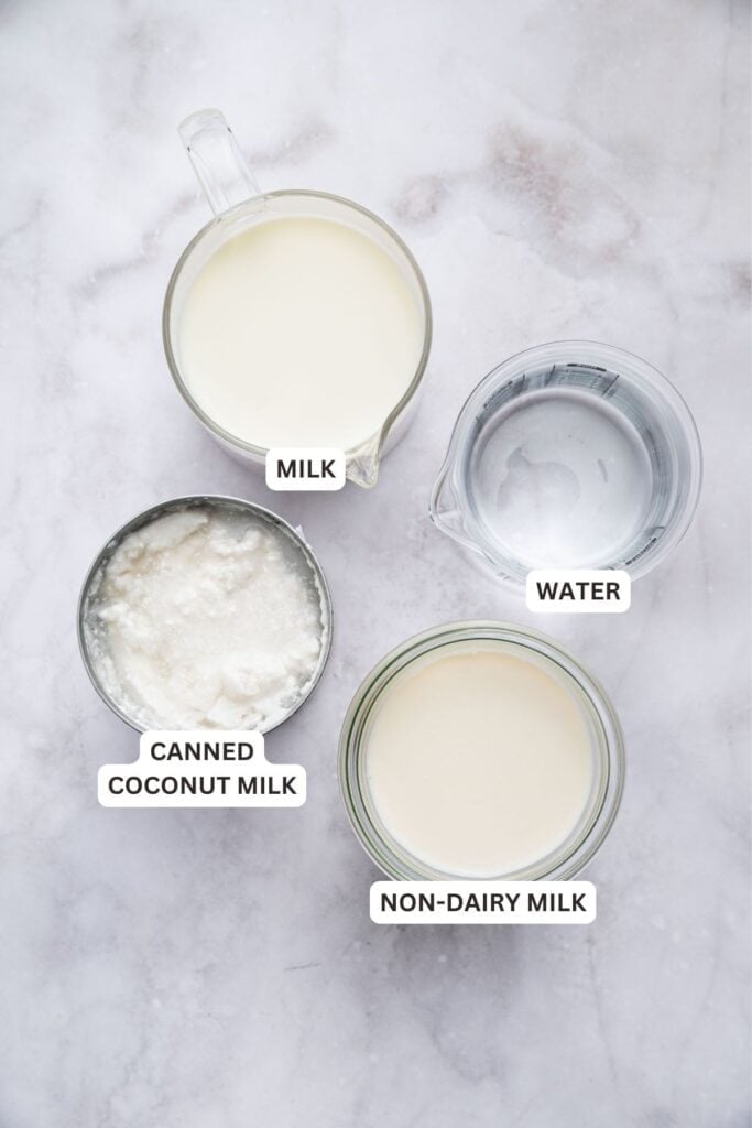 Overhead view of liquid options for banana milk