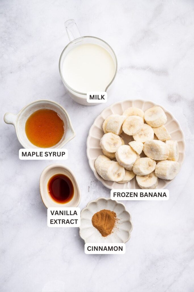 Overhead view of ingredients for banana milk