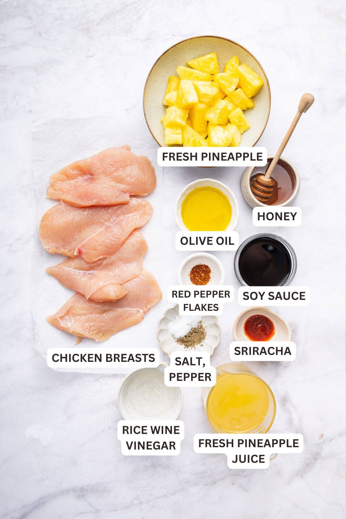 Overhead view of ingredients for pineapple chicken