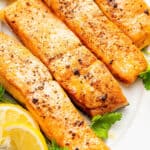 Platter of air fried frozen salmon fillets