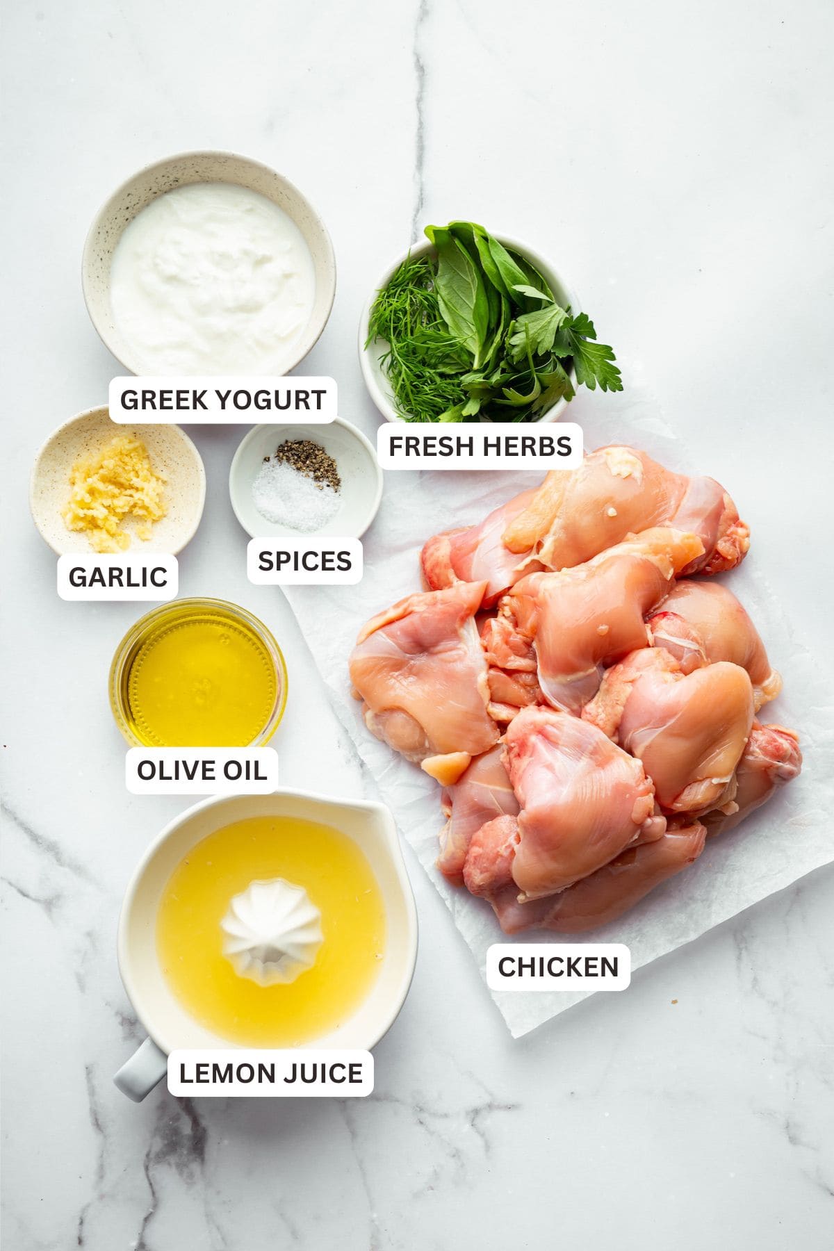 Overhead view of ingredients for Greek yogurt chicken marinade