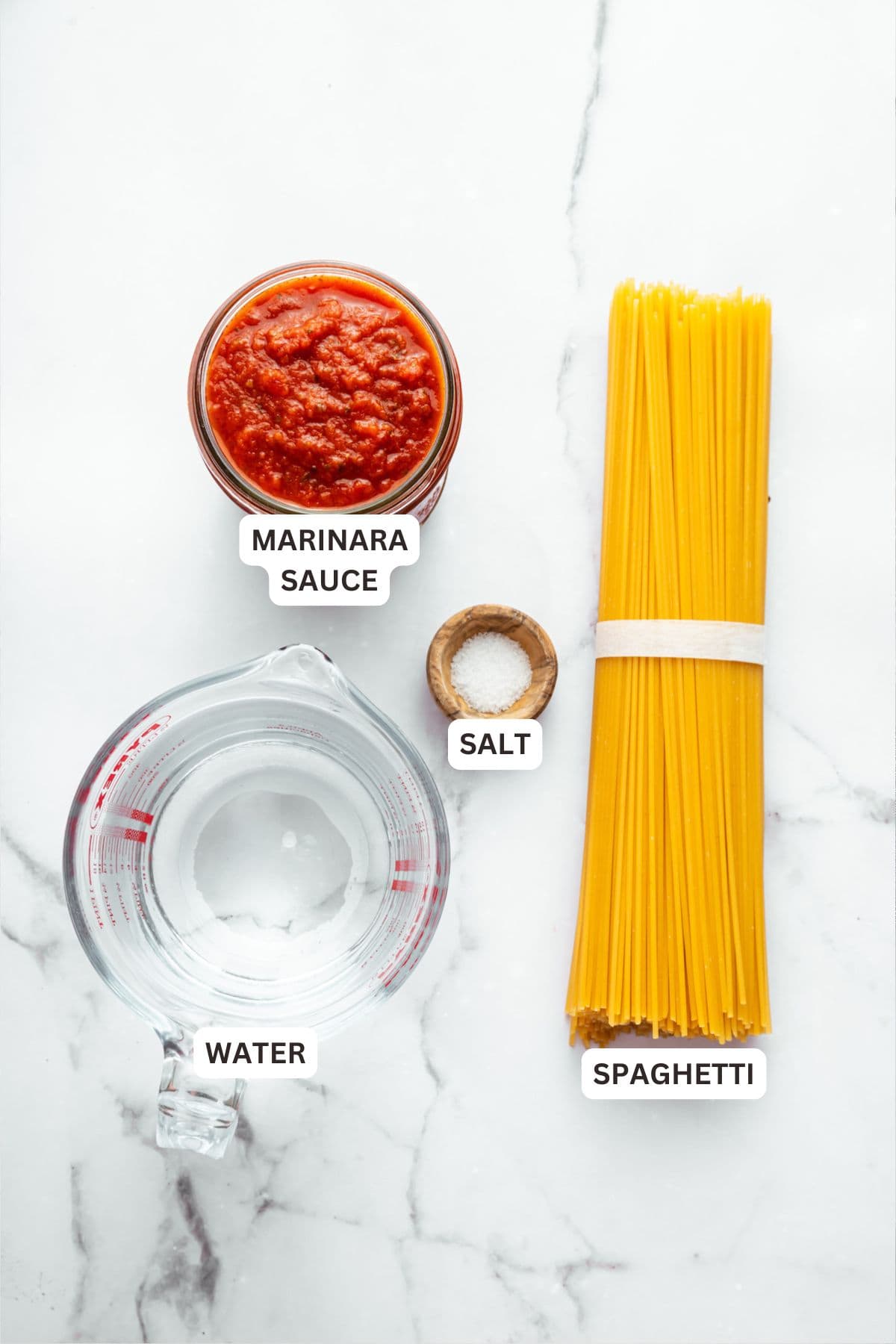 This two-ingredient Instant Pot Spaghetti cooks the pasta in the sauce, and it does it in a pressure cooker so it takes just 20 minutes! Overhead view of ingredients for Instant Pot spaghetti