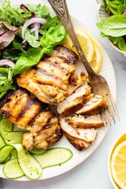 Closeup of Greek yogurt chicken on plate with fork and salad