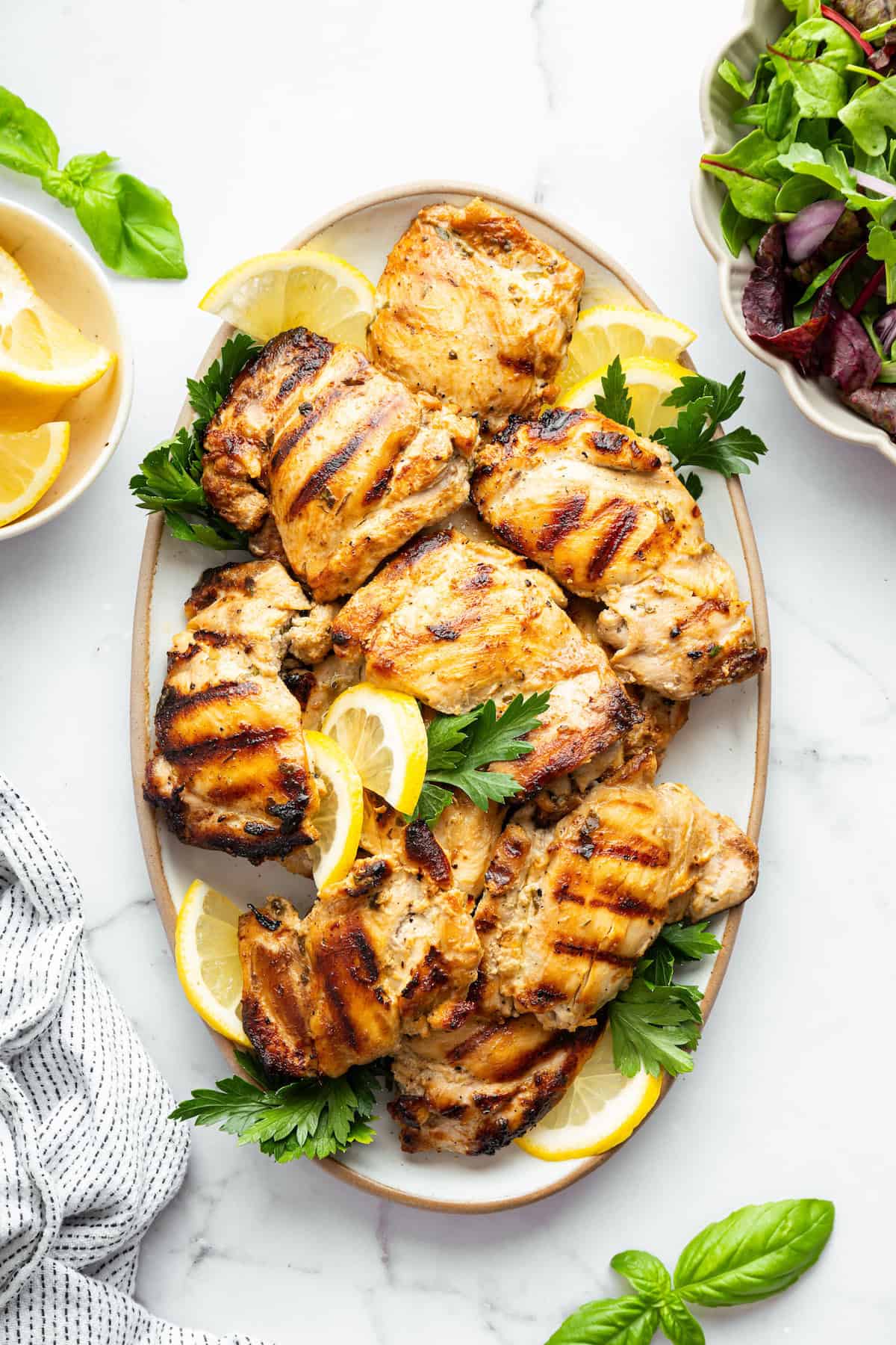 Overhead view of Greek yogurt chicken on platter