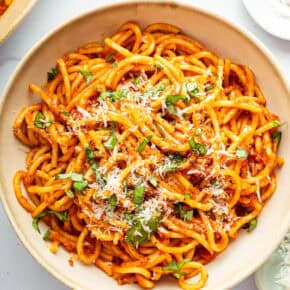 Overhead view of Instant Pot spaghetti in bowl