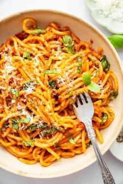 Overhead view of Instant Pot spaghetti in bowl with fork