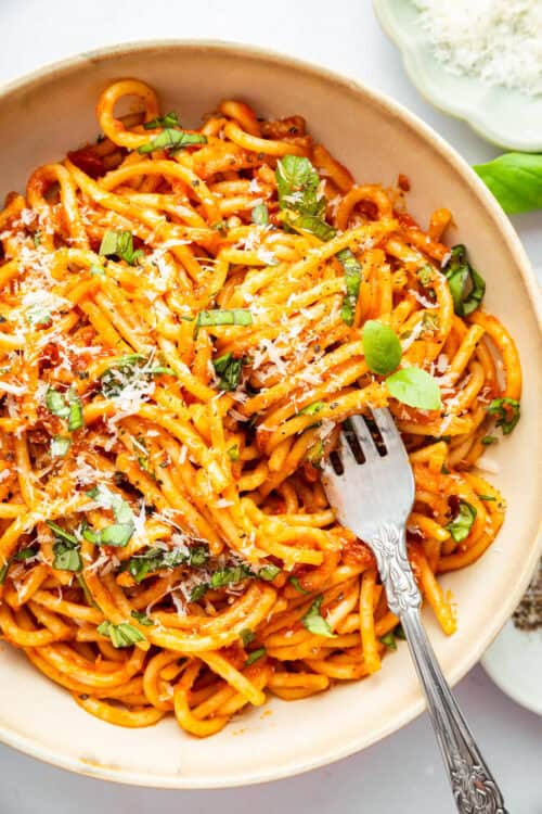 Overhead view of Instant Pot spaghetti in bowl with fork
