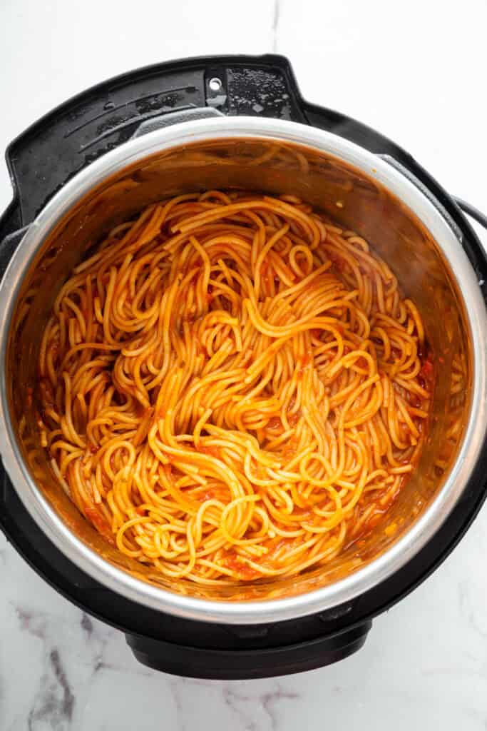 Overhead view of spaghetti in Instant Pot