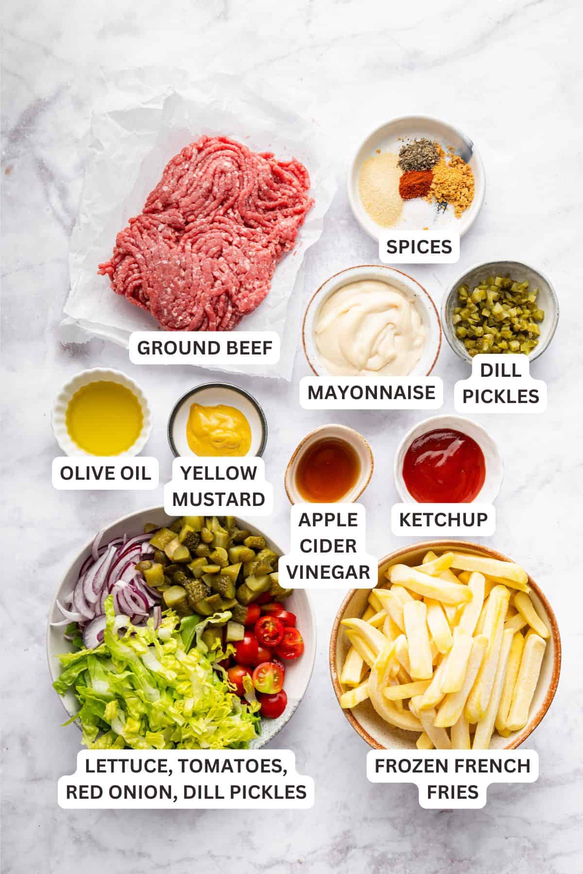This Burger Bowl recipe gives you your burger fix, without the bun! It’s a fun protein-packed meal with crispy fries and your fave toppings. Ingredients for burger bowl recipe with labels.