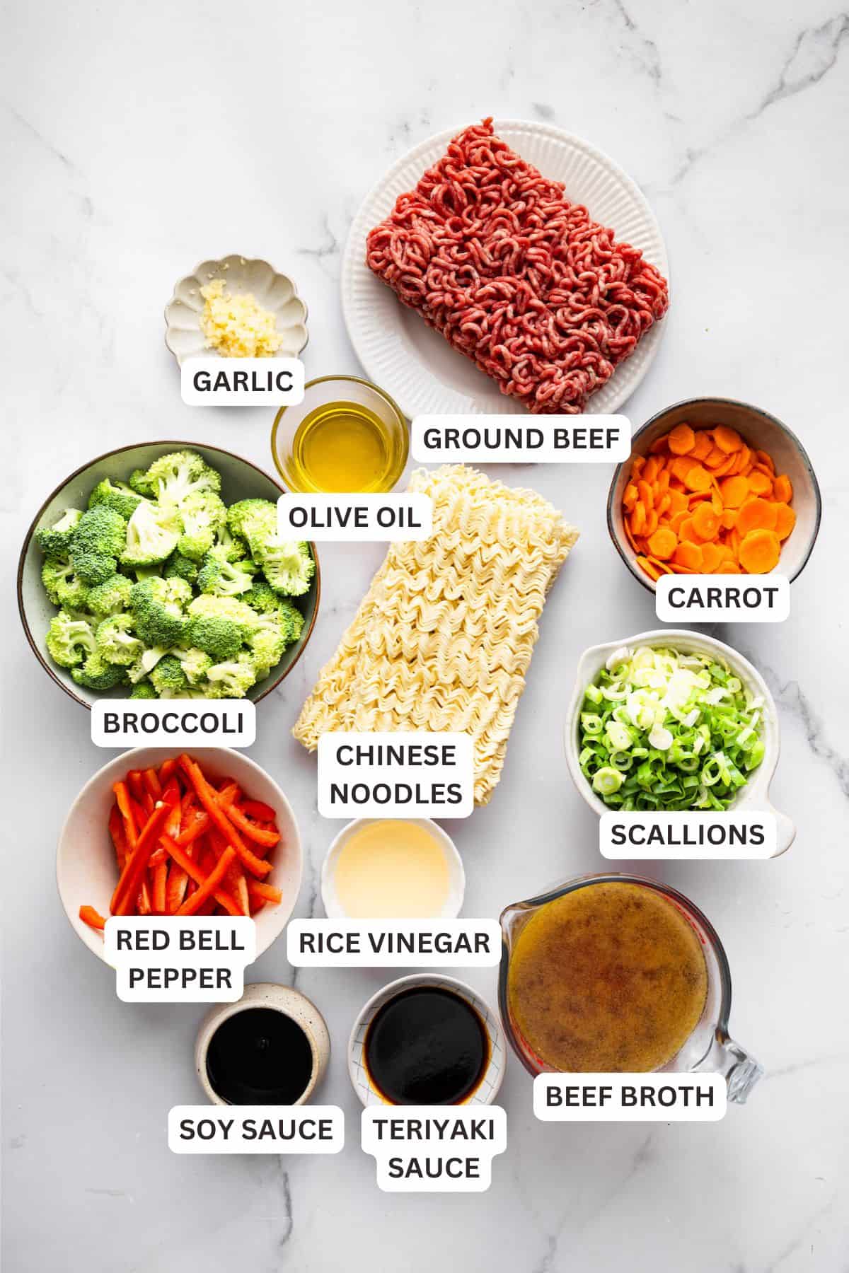 Springy ramen noodles are combined with ground beef and veggies to make this super easy one pan Beef Ramen recipe. Done in 25 minutes! Ingredients for one pan beef ramen recipe.