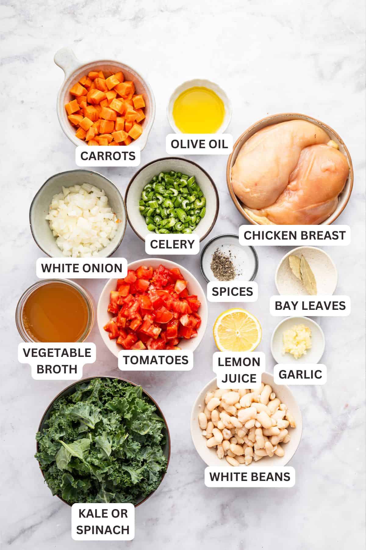 Overhead view of ingredients for chicken vegetable soup with labels.